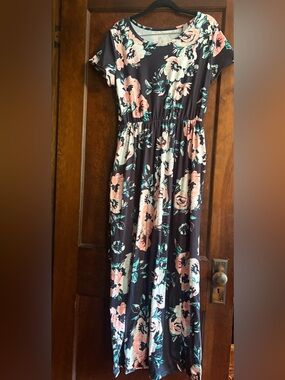 Navy Floral Maxi Dress with Pink & Teal Blooms